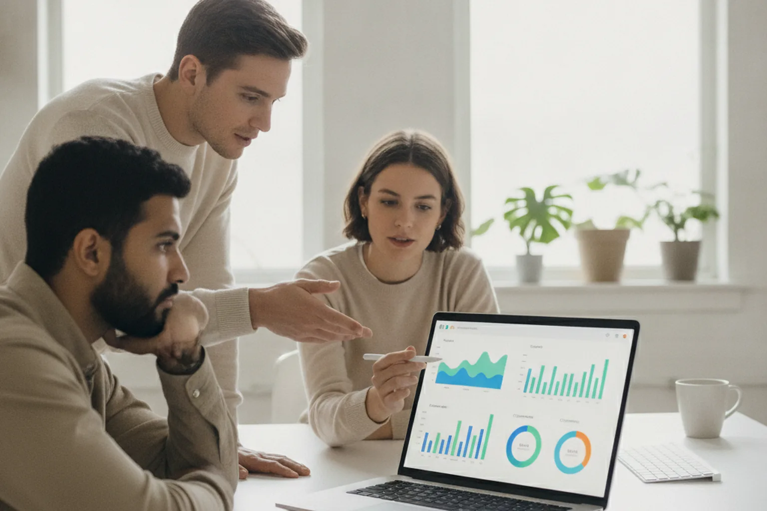 Marketing team reviewing an ad performance dashboard on a laptop