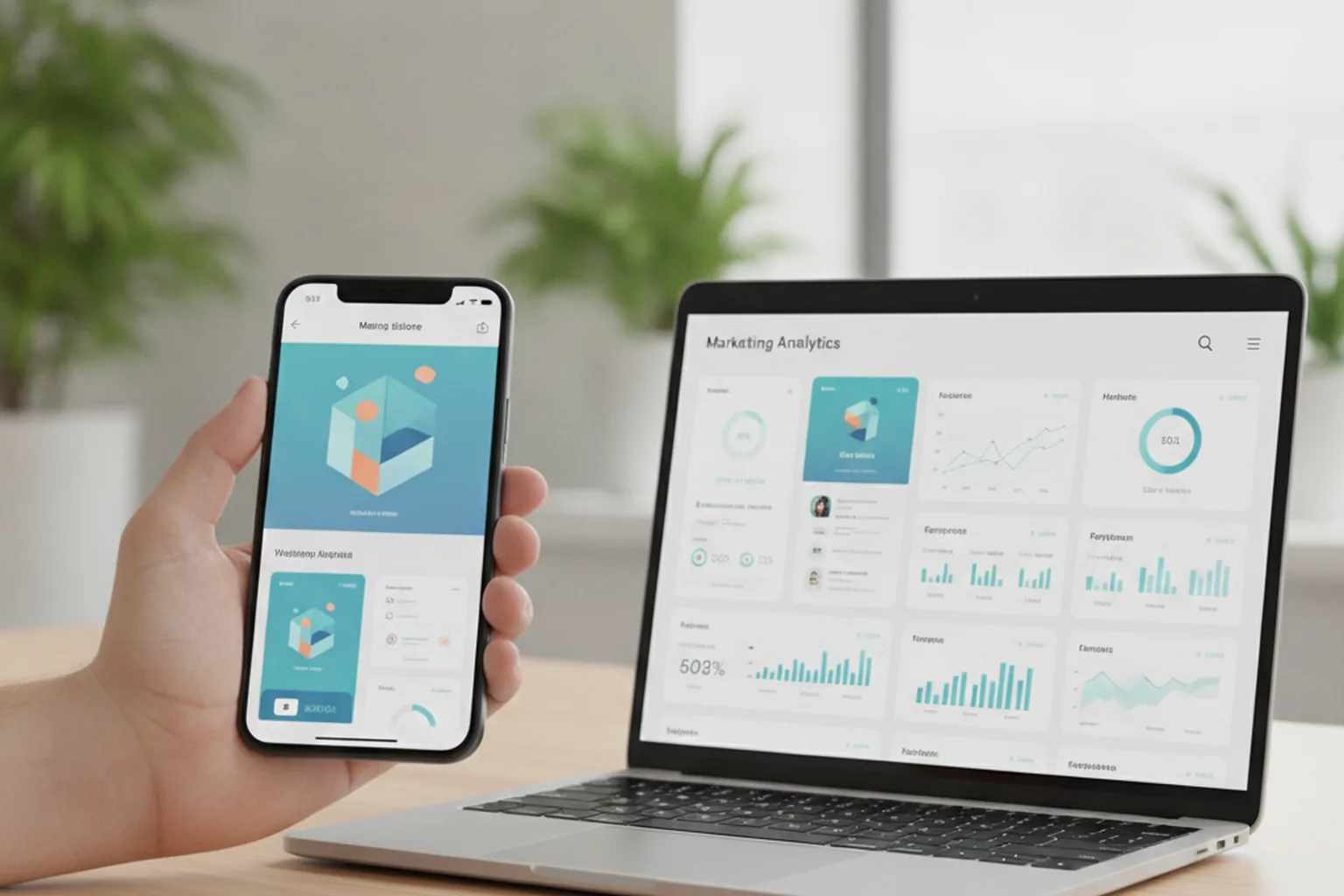 A phone showing an app's marketing screen next to a laptop with a marketing analytics dashboard