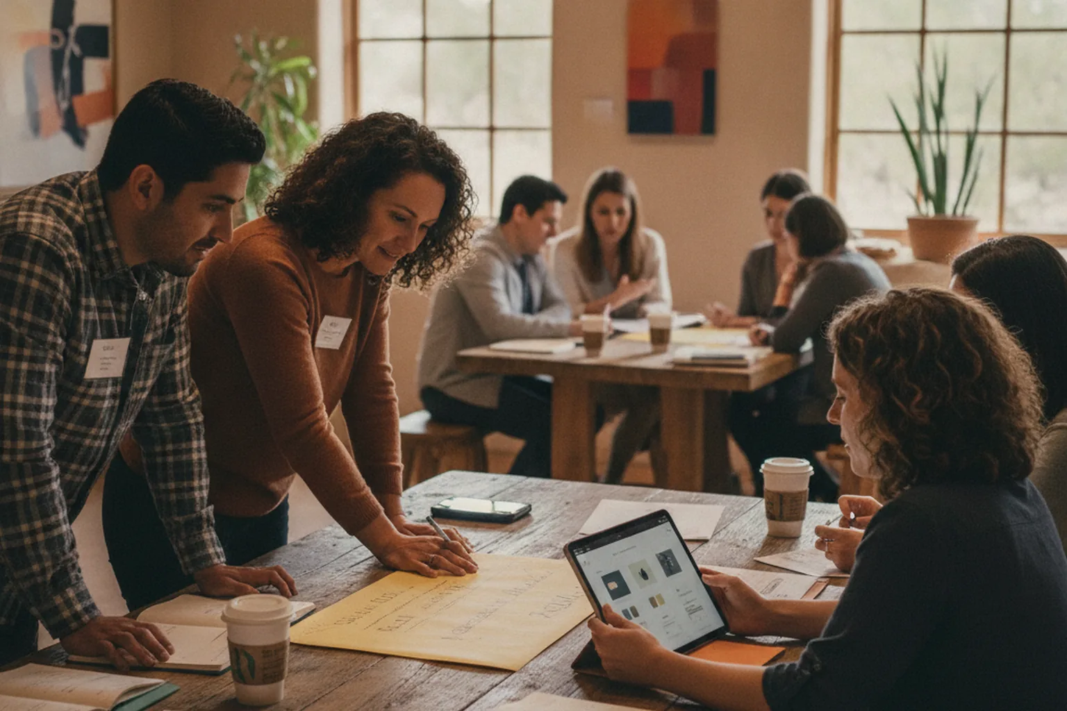 A small team reviewing donor campaign materials and a tablet prototype at a workshop table