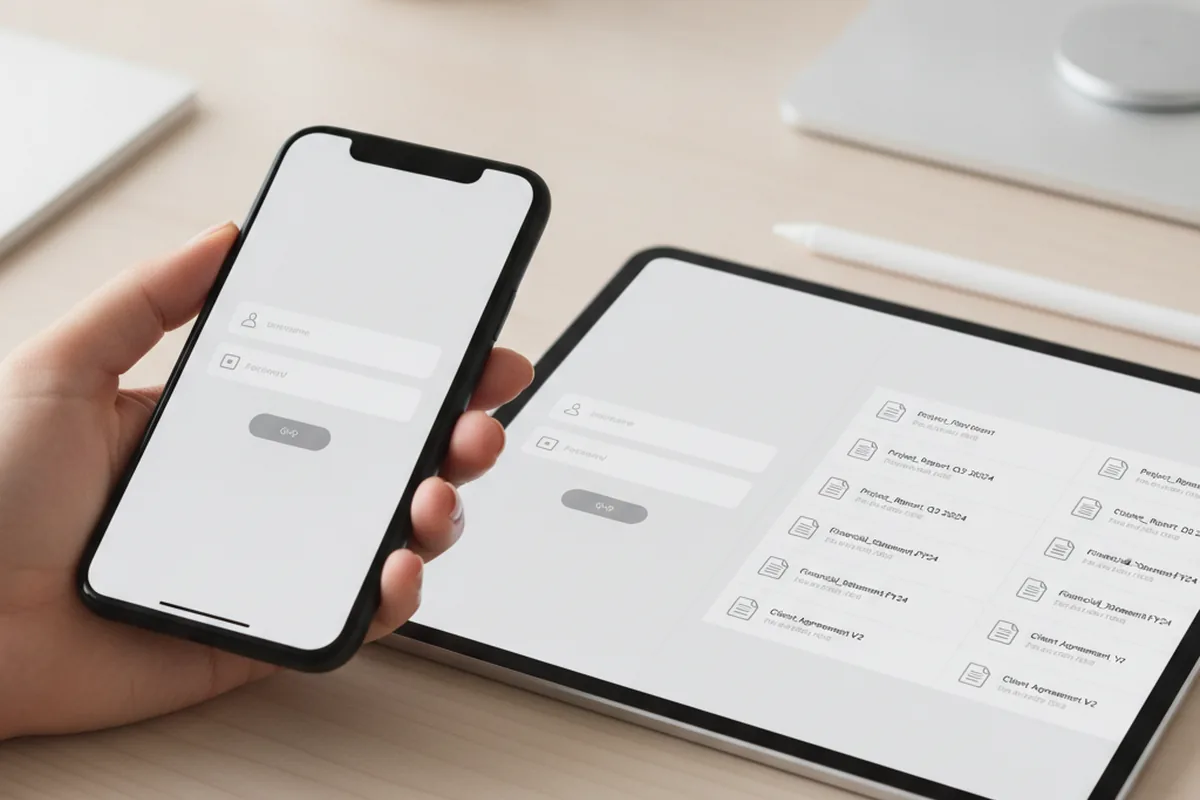 A phone and a tablet showing the same client portal login and document list, illustrating a cross-platform app that works across devices